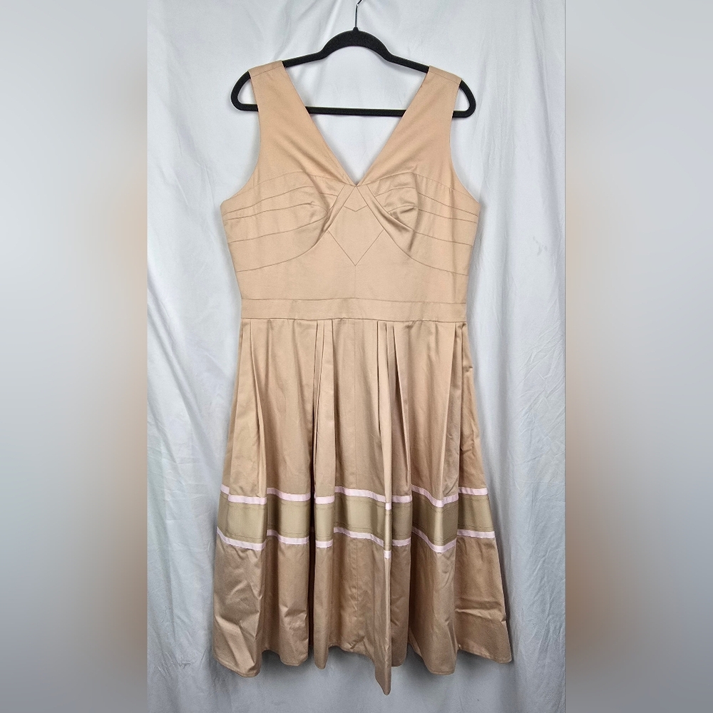 J. Peterman Blush Cotton Sateen V Dress Grosgrain Trim Pleated Midi Dress sz 16